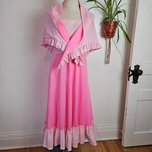 Vintage Handmade Dress & Shawl M? L? Pink Gingham‎ Midi